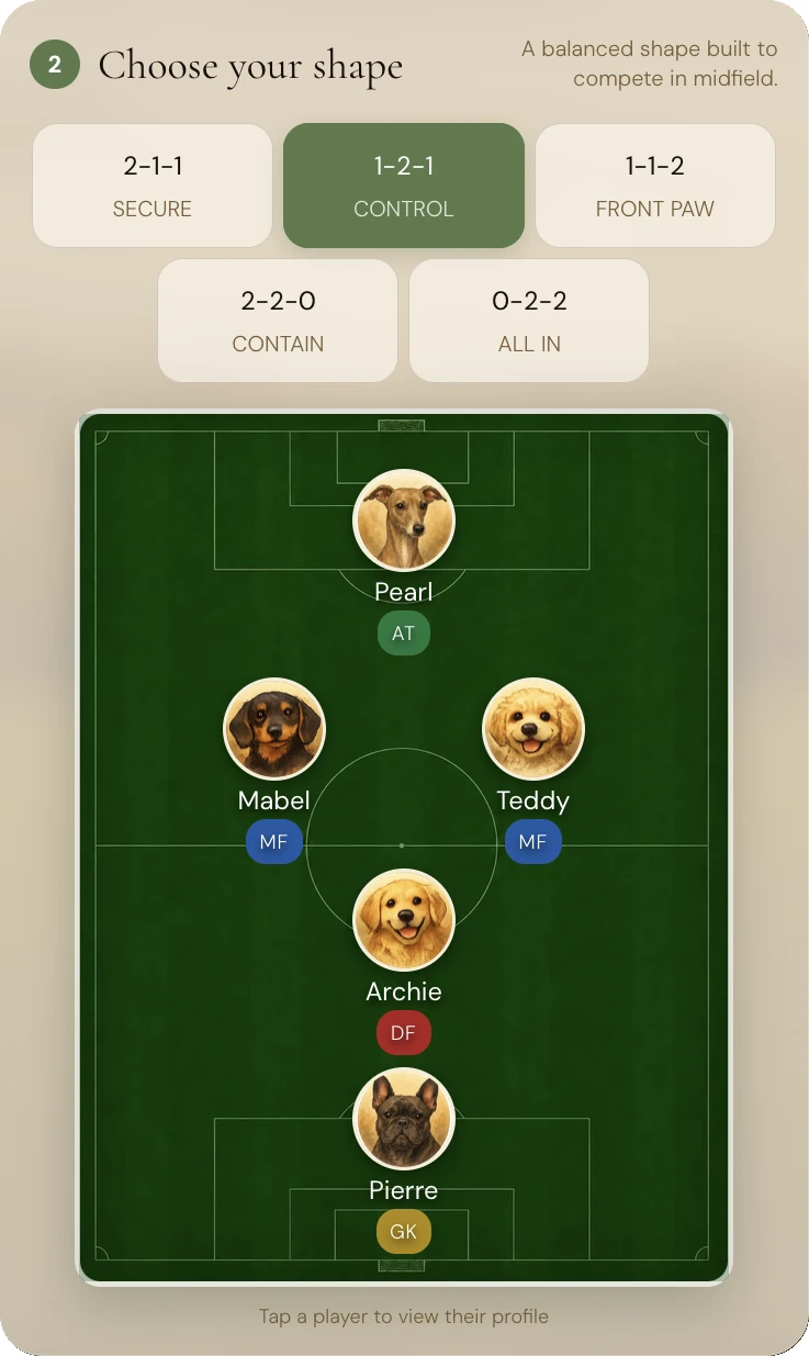 Pawball Manager formation picker showing five formations with the live pitch and dog avatars