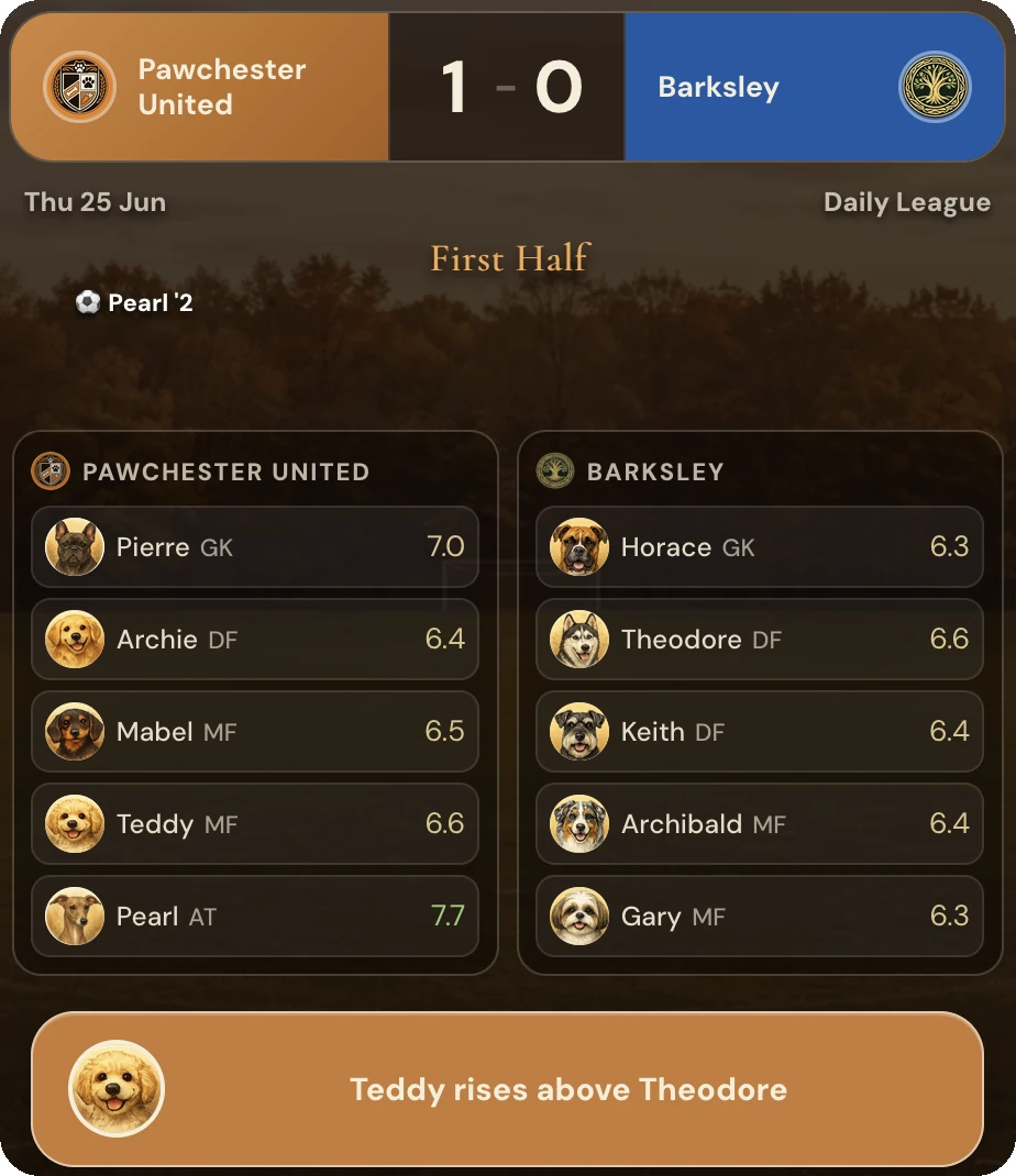A Pawball Manager match in progress showing the live score, First Half, and player ratings